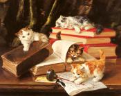 阿尔弗雷德阿瑟布鲁内尔德纽维尔 - Kittens Playing on a Desk